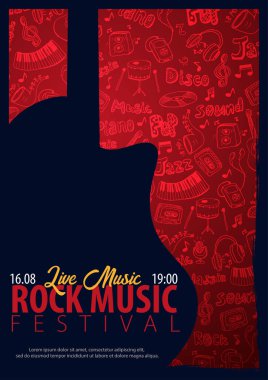 Rock müzik festivali. Açık hava. El ilanı tasarım şablonu ile el-çizmek özgeçmişlerine doodle.