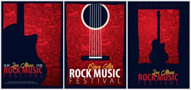 Rock müzik festivali. Açık hava. El ilanları tasarım şablonu ile el-beraberlik doodle arka planda.