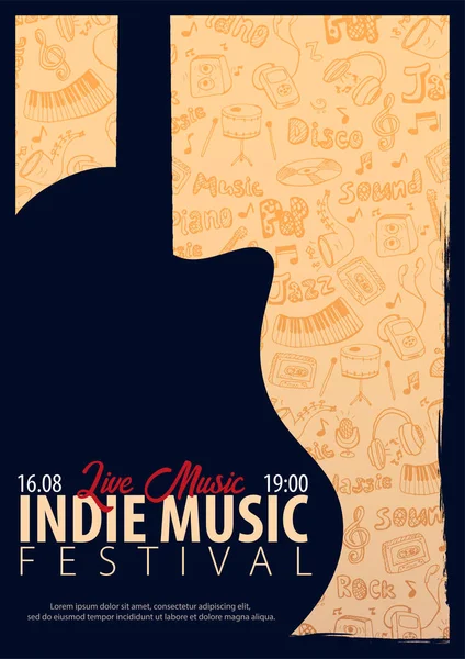 Indie Music Festival. En plein air. Modèle de flyer avec gribouillage dessiné à la main sur le fond . — Image vectorielle