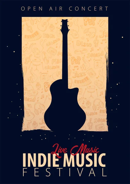 Indie Music Festival. En plein air. Modèle de flyer avec gribouillage dessiné à la main sur le fond . — Image vectorielle