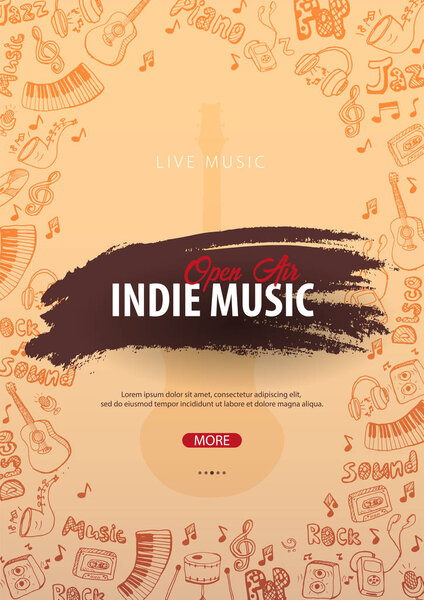 Музыкальный фестиваль Indie. На открытом воздухе. Шаблон дизайна флаера с рисунками вручную на заднем плане
.