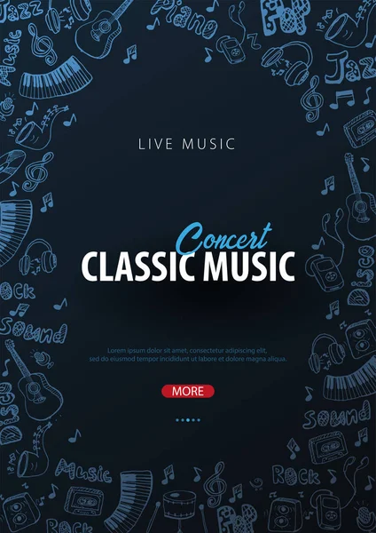 Klasik müzik festivali. Açık hava. El ilanları tasarım şablonu ile el-beraberlik doodle arka planda. — Stok Vektör