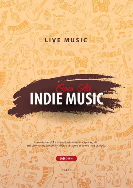 Indie Music Festival. En plein air. Modèle de flyer avec gribouillage dessiné à la main sur le fond . — Image vectorielle