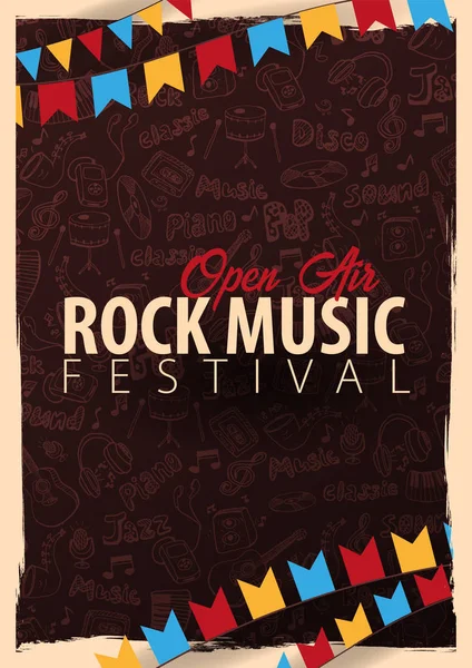 Festival de musique rock. En plein air. Modèle de flyer avec gribouillage dessiné à la main sur le fond . — Image vectorielle