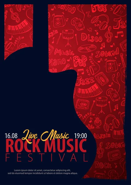 Festival de musique rock. En plein air. Modèle de flyer avec gribouillage dessiné à la main sur le fond . — Image vectorielle