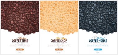 Kahve afiş ile el-beraberlik doodle öğeleri arka planda. Reklamlar için kahve şablonu.