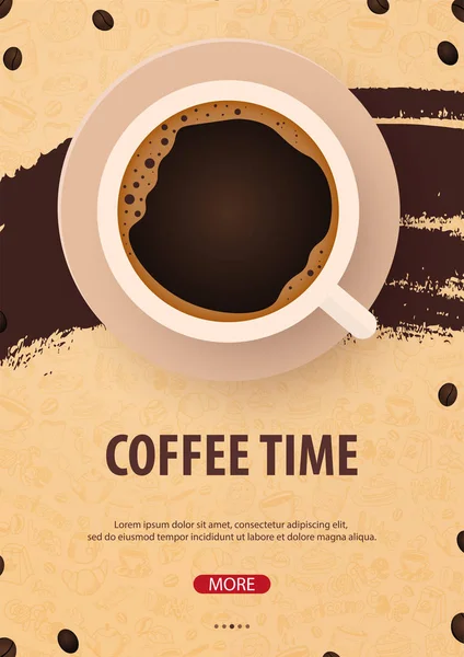 Tasse schwarzen Kaffee mit den handgezeichneten Doodle-Elementen auf dem Hintergrund. Kaffee-Plakat für Anzeigen. — Stockvektor