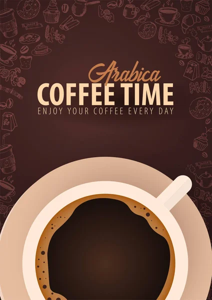 Tasse de café noir avec les éléments de gribouillage dessinés à la main sur le fond. Affiche de café pour annonces . — Image vectorielle