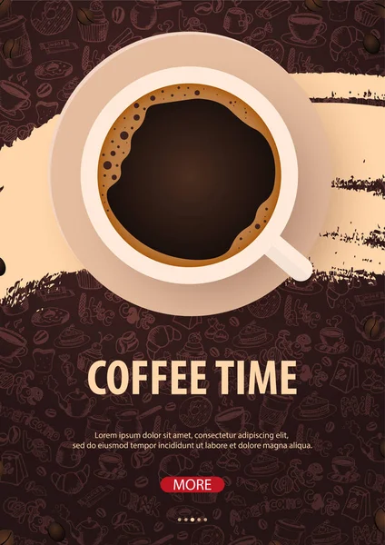 Чашка черного кофе с элементами рисования каракулей на заднем плане. Кофейный плакат для рекламы . — стоковый вектор