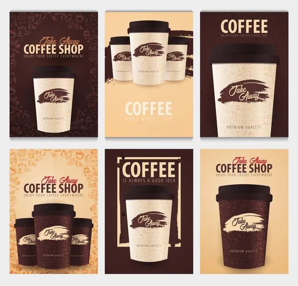 Kaffeetasse zum Mitnehmen mit den handgezeichneten Doodle-Elementen auf dem Hintergrund. Kaffeeplakate für Anzeigen. — Stockvektor