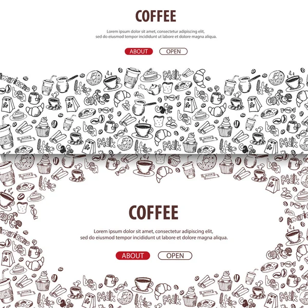 Kaffee-Banner mit den handgezeichneten Doodle-Elementen auf dem Hintergrund. Kaffee-Vorlage für Anzeigen. — Stockvektor