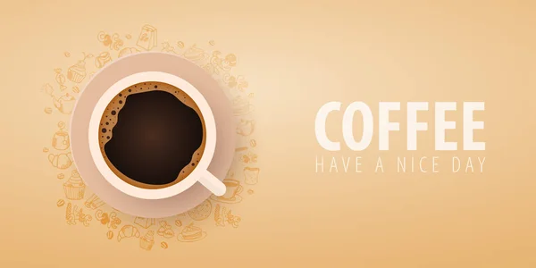 Чашка чорної кави з елементами каракулі на фоні. Кавовий банер для реклами . — стоковий вектор