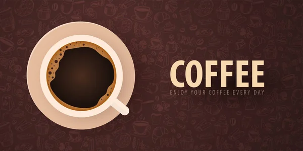 Tasse de café noir avec les éléments de gribouillage dessinés à la main sur le fond. Bannière café pour annonces . — Image vectorielle