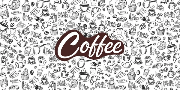 Kaffee-Banner mit den handgezeichneten Doodle-Elementen auf dem Hintergrund. Kaffee-Vorlage für Anzeigen. — Stockvektor