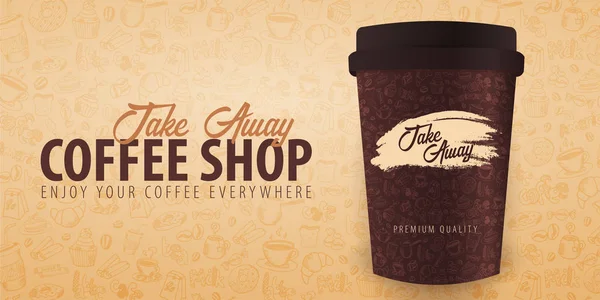 Ta bort kaffekopp med hand-dragningen doodle element på bakgrunden. Kaffe banner för annonser. — Stock vektor