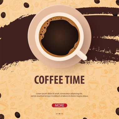 El-beraberlik doodle öğeleri arka plan üzerinde siyah kahve fincan. Kahve banner reklamları için.