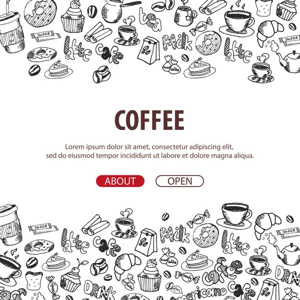 Kaffee-Banner mit den handgezeichneten Doodle-Elementen auf dem Hintergrund. Kaffee-Vorlage für Anzeigen. — Stockvektor