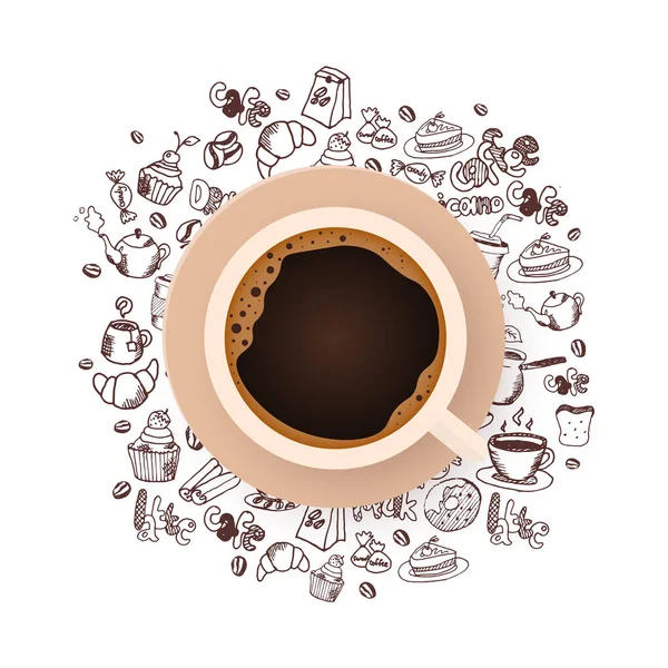 Xícara de café preto com os elementos doodle mão-draw no fundo. Banner de café para anúncios . — Vetor de Stock