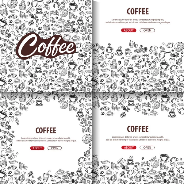 Kaffee-Banner mit den handgezeichneten Doodle-Elementen auf dem Hintergrund. Kaffee-Vorlage für Anzeigen. — Stockvektor