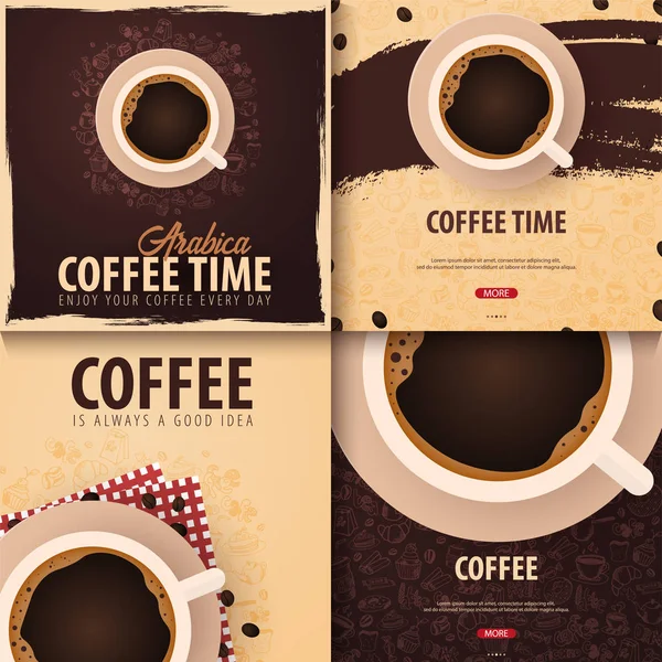 Tasse schwarzen Kaffee mit den handgezeichneten Doodle-Elementen auf dem Hintergrund. Kaffeebanner für Anzeigen. — Stockvektor