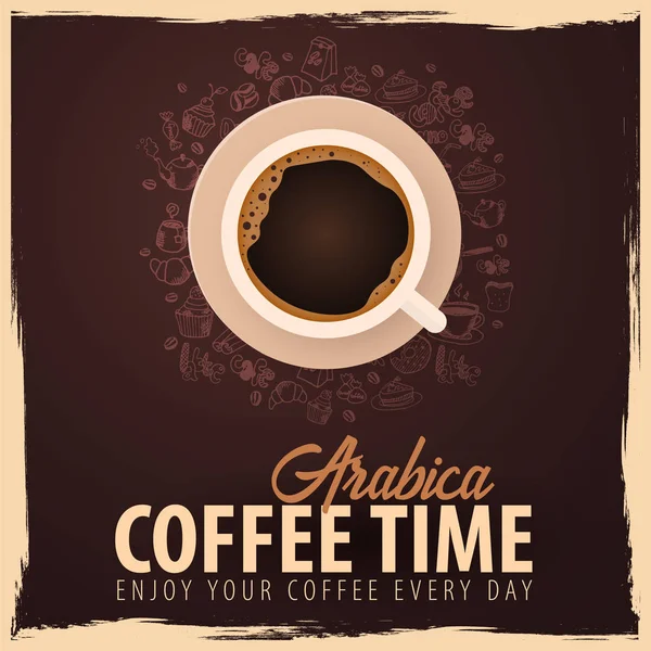 Tasse de café noir avec les éléments de gribouillage dessinés à la main sur le fond. Bannière café pour annonces . — Image vectorielle