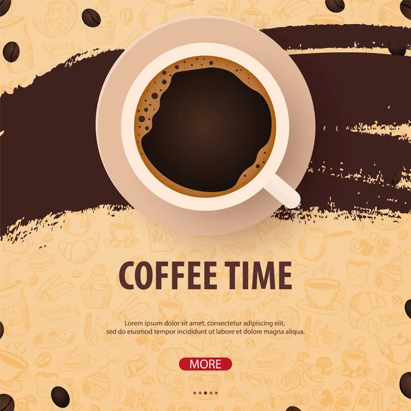 Tasse schwarzen Kaffee mit den handgezeichneten Doodle-Elementen auf dem Hintergrund. Kaffee-Banner für Anzeigen. — Stockvektor