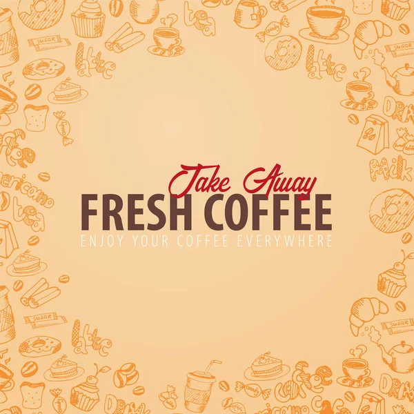 Kaffe banner med hand-draw doodle element i bakgrunden. Kaffe mall för annonser. — Stock vektor
