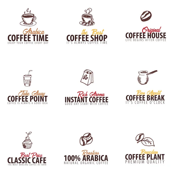 Set di loghi o emblemi della caffetteria con elemento doodle. Perfetto per il tuo business design . — Vettoriale Stock