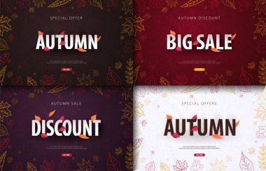 Sonbahar arka planları bir dizi yaprakları alışveriş Satılık, promo poster ve çerçeve belgesi, web afiş ile. Vektör çizim şablonu.