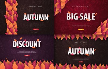 Sonbahar arka planları bir dizi yaprakları alışveriş Satılık, promo poster ve çerçeve belgesi, web afiş ile. Vektör çizim şablonu.