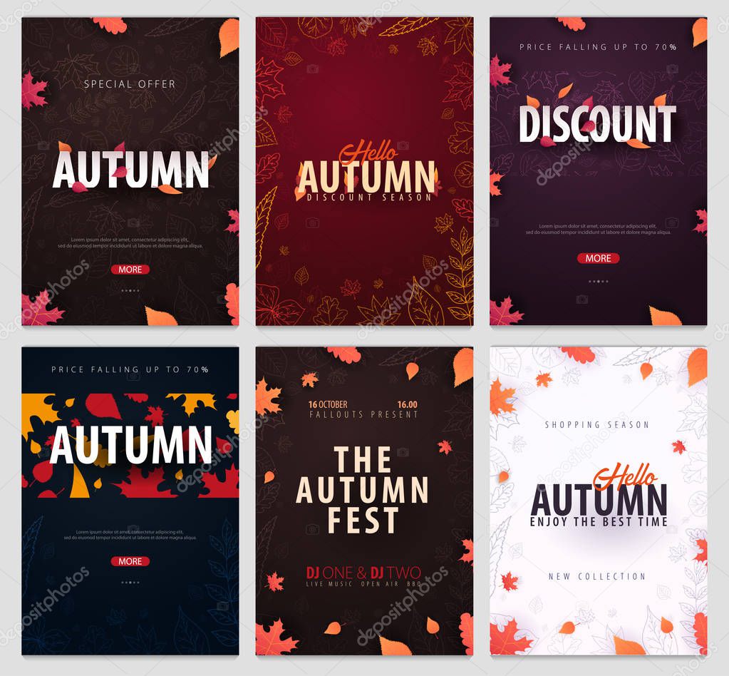 Set of Autumn Backgrounds with leaves for shopping sale, promo poster and frame leaflet, web banner. Vector illustration template.