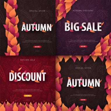 Sonbahar arka planları bir dizi yaprakları alışveriş Satılık, promo poster ve çerçeve belgesi, web afiş ile. Vektör çizim şablonu.