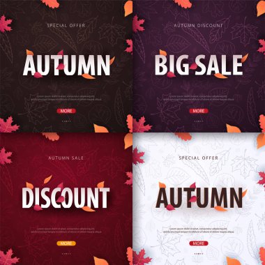 Sonbahar arka planları bir dizi yaprakları alışveriş Satılık, promo poster ve çerçeve belgesi, web afiş ile. Vektör çizim şablonu.