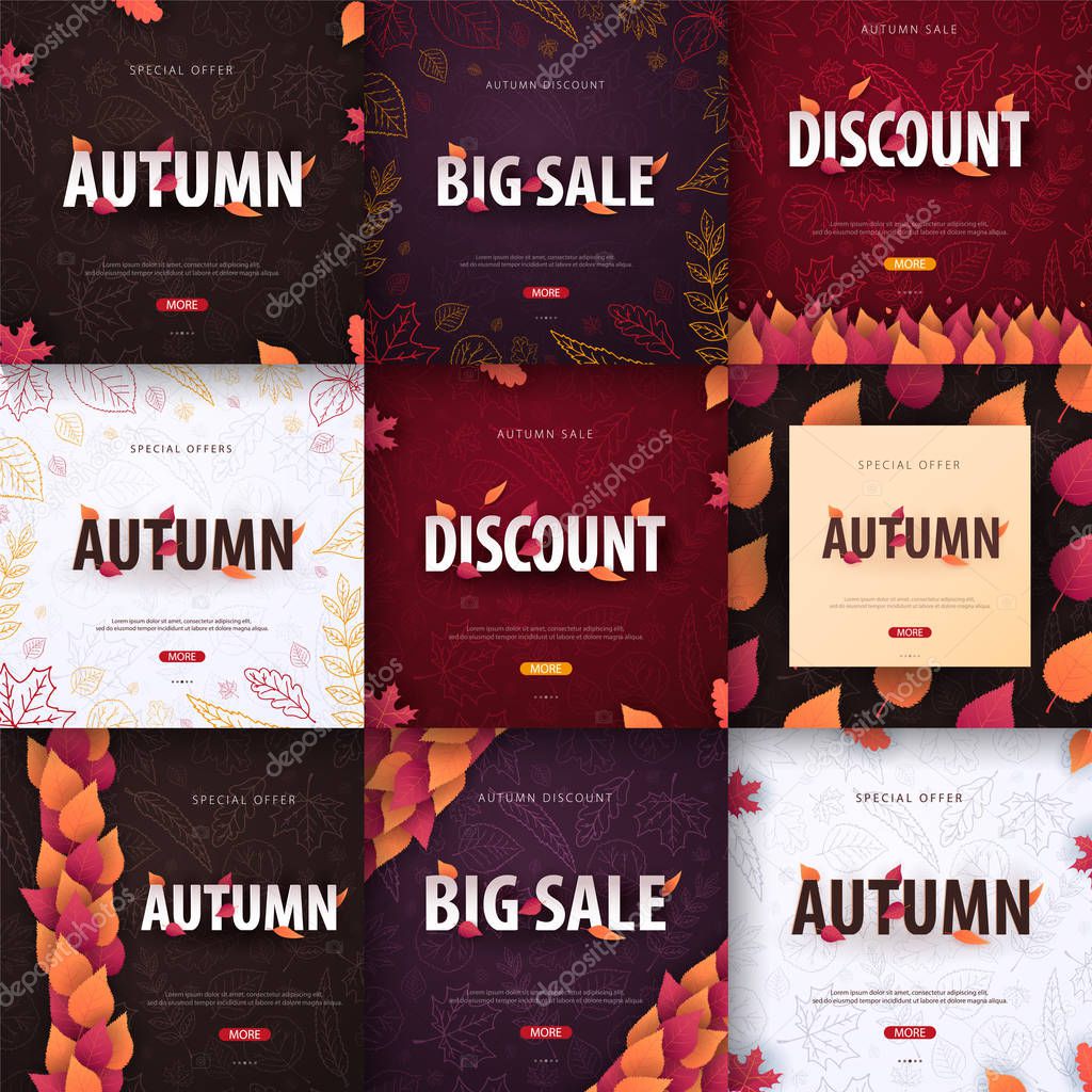 Set of Autumn Backgrounds with leaves for shopping sale, promo poster and frame leaflet, web banner. Vector illustration template.