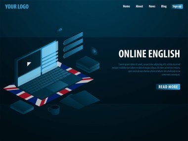 Online İngilizce öğreniyor. Eğitim kavramı, online eğitim, uzmanlık, üniversite eğitimi. İzometrik vektör çizim.