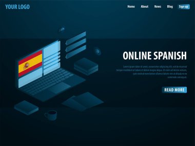 Çevrimiçi öğrenme İspanyolca. Eğitim kavramı, online eğitim, uzmanlık, üniversite eğitimi. İzometrik vektör çizim.