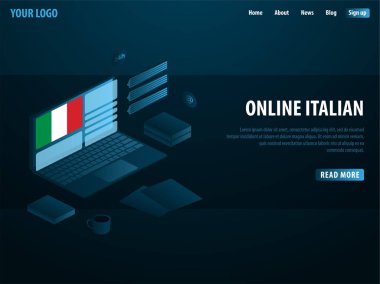 Çevrimiçi öğrenme İtalya. Eğitim kavramı, online eğitim, uzmanlık, üniversite eğitimi. İzometrik vektör çizim.