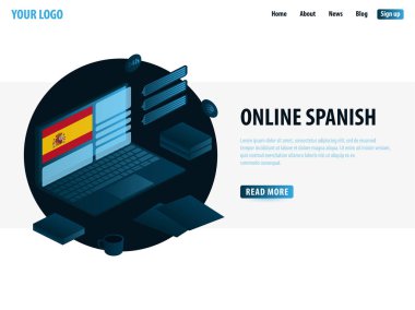 Çevrimiçi öğrenme İspanyolca. Eğitim kavramı, online eğitim, uzmanlık, üniversite eğitimi. İzometrik vektör çizim.