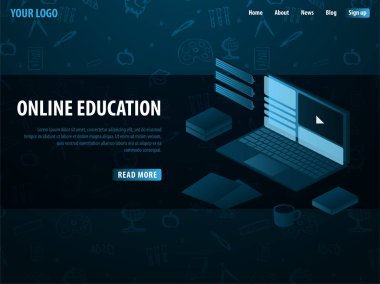 Online eğitim kavramı. Online eğitim kursları, uzmanlık, üniversite eğitimi. İzometrik vektör çizim.