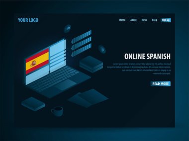Çevrimiçi öğrenme İspanyolca. Eğitim kavramı, online eğitim, uzmanlık, üniversite eğitimi. İzometrik vektör çizim.