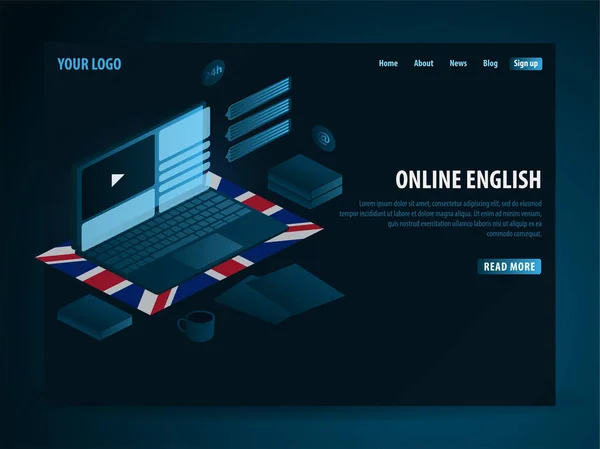 Imparare l'inglese online. Concetto di istruzione, Formazione online, specializzazione, studi universitari. Illustrazione vettoriale isometrica . — Vettoriale Stock