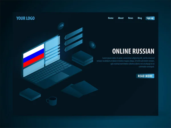 Russisch leren online. Onderwijs concept, on line training, specialisatie, universitaire studies. Isometrische vectorillustratie. — Stockvector