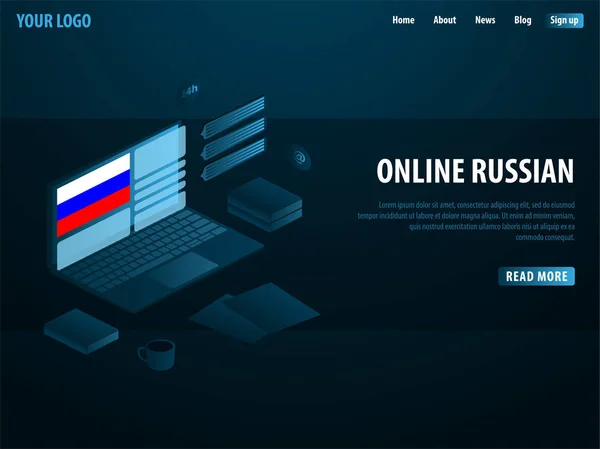 Russisch leren online. Onderwijs concept, on line training, specialisatie, universitaire studies. Isometrische vectorillustratie. — Stockvector