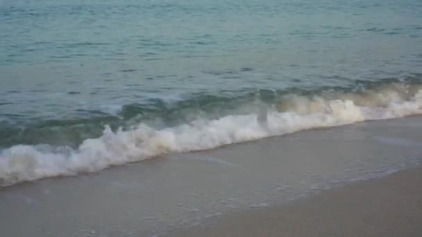 Våg av havet på sandstranden vid soluppgången. — Stockvideo