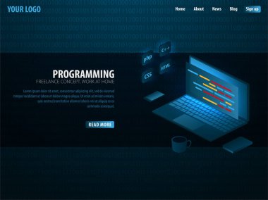 Isometric Developing programming and coding technologies. Can use for web banner or infographics. Freelance concept. Work at home clipart svg vector 