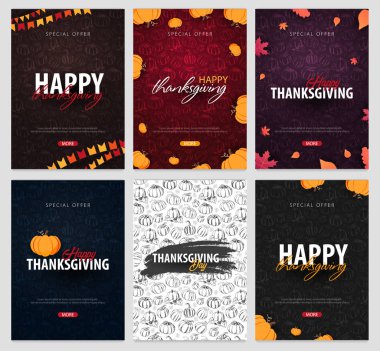 Kabak ile sonbahar arka planlar kümesi. Şükran günü. Alışveriş Satış için promo poster ve çerçeve broşür, afiş web. Vektör çizim şablonu.
