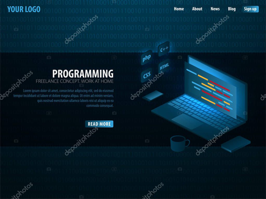 Vector of Isometric Developing programming and coding technologies. Can use for web banner or infographics. Freelance concept. Work at home. Isometric Developing programming and coding technologies. Can use for web banner or infographics. Freelance concept. Work at home stock vector