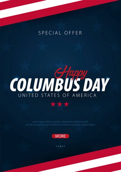 Columbus Day promoção de venda, publicidade, cartaz, banner, modelo com bandeira americana. Papel de parede dia Columbus. Voucher desconto . — Vetor de Stock