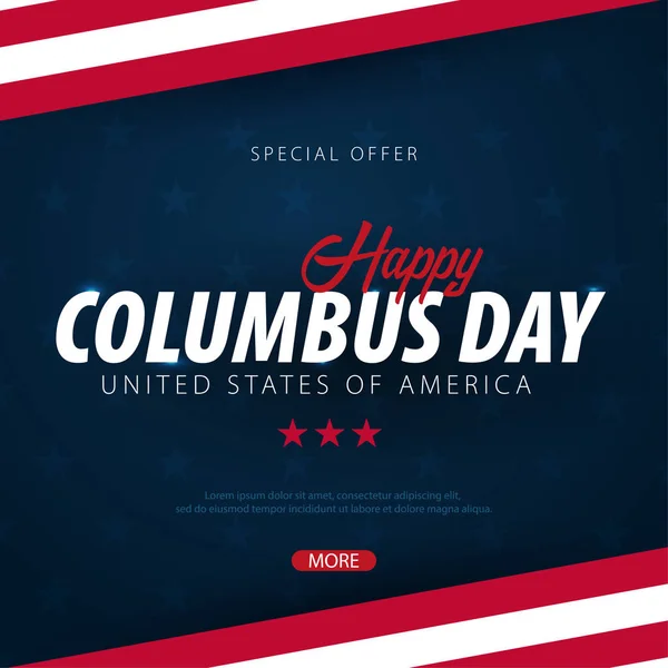 Columbus Day promoción de venta, publicidad, póster, bandera, plantilla con bandera americana. Fondo de pantalla del día de Colón. Descuento de cupón . — Archivo Imágenes Vectoriales