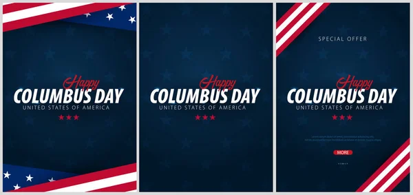 Conjunto de promoção de venda Columbus Day, publicidade, cartaz, banner, modelo com bandeira americana. Papel de parede dia Columbus. Voucher desconto . — Vetor de Stock